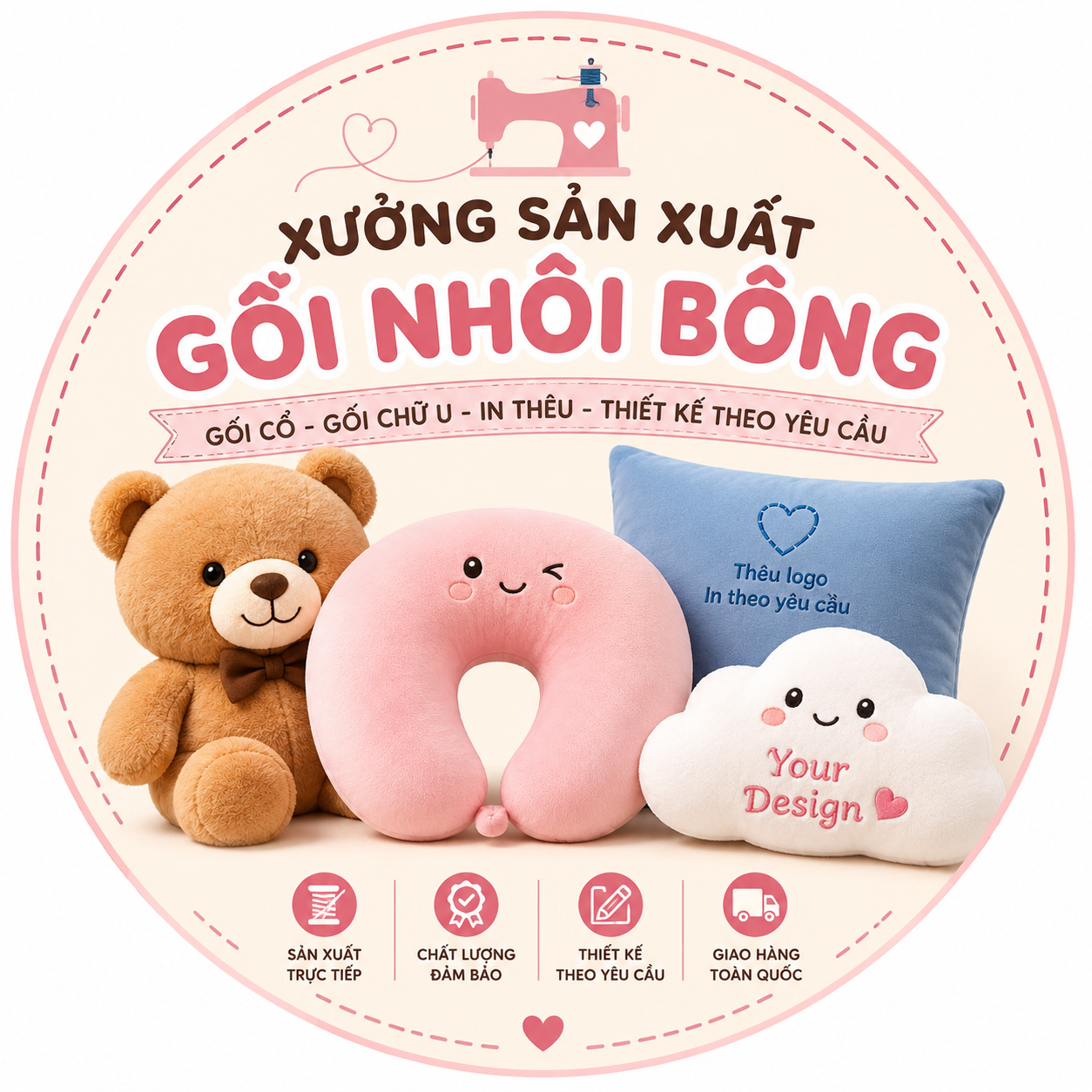 Xuong san xuat goi nhoi bong goi co goi chu U in theu thiet ke mau theo yeu cau